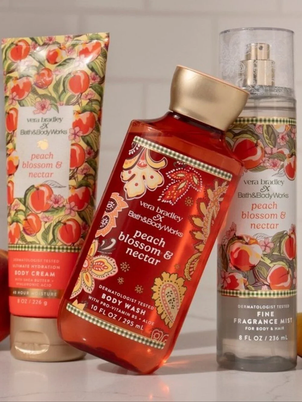 Bath Body Works Peach Blossom Nectar Body Wash, Cream & Mist 3pc Set NEW Rare